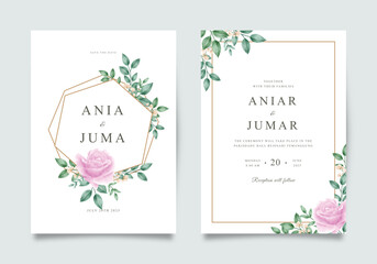 Beautiful wedding invitation template with purple roses and green leaves