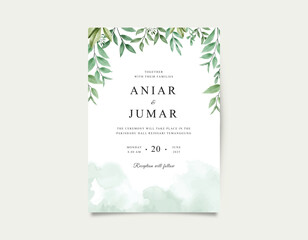 Minimalist wedding card with watercolor green leaves