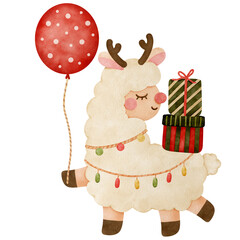 Cute cartoon llama with Christmas gift and red balloon for happy new year card decorations watercolor illustration 
