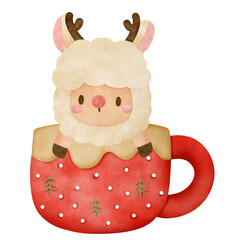 Cute cartoon llama with cup of hot chocolate for merry Christmas card decoration watercolor illustration 