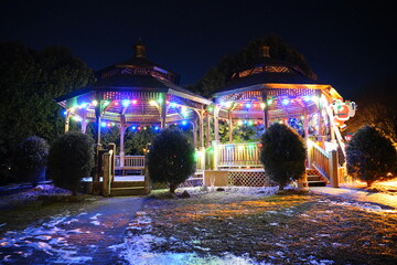 Gazebo decorated with Christmas lights