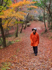秋から冬の山散策する高齢日本人女性