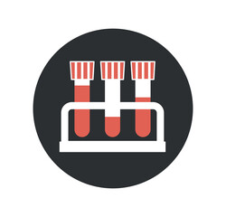 Tubes with blood icon. Set of red liquid vials, composition evaluation and hemoglobin analysis. Medical and chemical research. Test and experiment in laboratory. Cartoon flat vector illustration