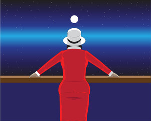 vector design of an ocean view at night with a starry sky and moon and there is a woman wearing a red dress and white hat and looking out to sea