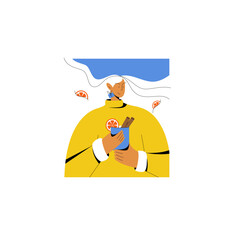 Happy Woman in Yellow Sweater Holding Mug with Warm Spicy Winter Drink Vector Illustration