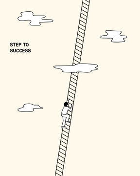 Man climbing up ladders that go high up in the sky. Challenge to climb up success ladder, Unknown journey ahead, Step to new career opportunity. Modern Flat vector illustration. Hand drawn style.