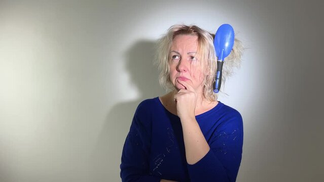 hairdressing medicine hair restoration damaged split ended hair Overdried spoiled adult woman blond coloring white Damaged Sad Woman With Disheveled Closeup Portrait Of Female Model Holding Unbrushed 