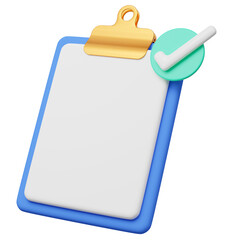 3d paper sheets with check marks on transparent. Confirmed or approved document icon. Blank clipboard with checklist symbol. Assignment done. Business cartoon icon. 3d rendering.