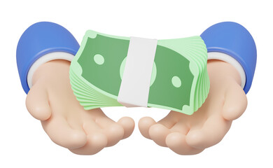 Bundle banknote float in hand isolated on transparent. Business man hold cash money icon. Mobile banking, cashback, refund, loan concept. Saving money wealth. 3d render cartoon smooth.