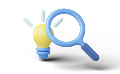 3D Creative idea icon. Yellow light bulb with bright halo, magnifying glass isolated on transparent. Business solution, Strategic thinking, New innovation concept. Cartoon icon minimal. 3d rendering. © media-ja