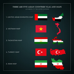 Five Asian Flag Map Vector Illustration