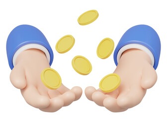 3D Gold coin float in hand isolated on transparent. Business man hold money icon. Mobile banking service, cashback, refund, loan concept. Saving money wealth. Cartoon icon smooth. 3d rendering.