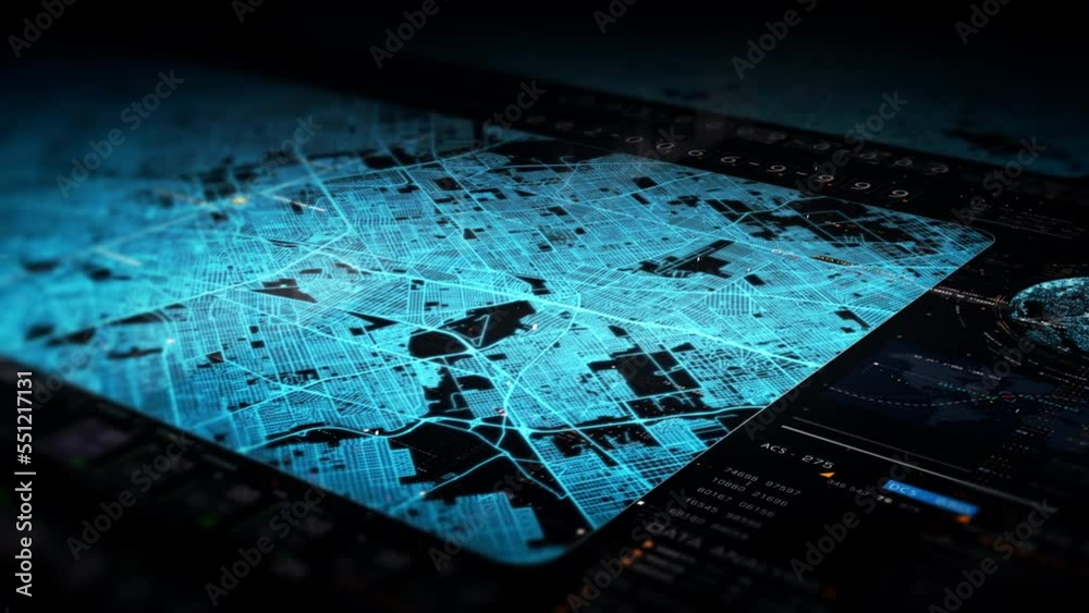 Fototapete Futuristic motion graphic user interface head up display screen with digital data city map telemetry information display for digital background computer desktop display screen