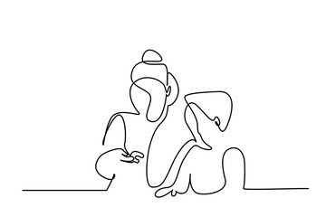 little boy primary school girl teacher together education teaching lesson classroom learning concept one line drawing design