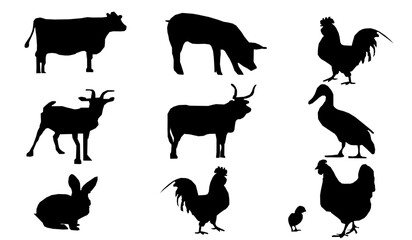 Vector silhouette set, Farm animals, Vector Illustration.