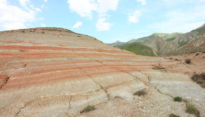 Mountains with red stripes. Khizi region. Azerbaijan.