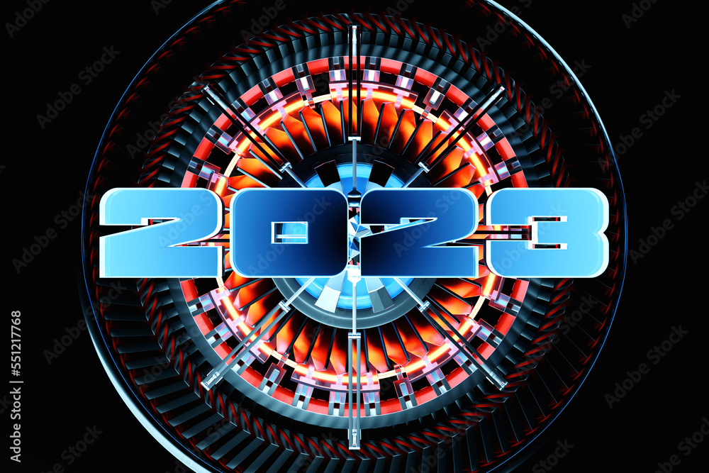Poster 3d illustration futuristic tech postcard with the year 2023 on the background of a metallic spaceshi