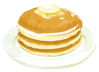 バターの乗ったふんわりと焼けたパンケーキの水彩イラスト