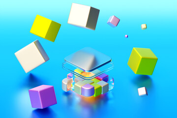Product stand, pedestal, frame around flying cubes under blue and pink neon light, Vaporwave art concept, 3D rendering.