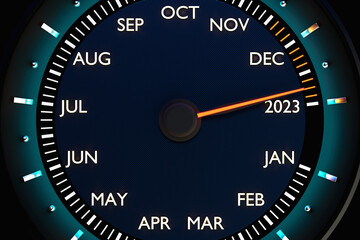 3D illustration close up black speedometer with cutoffs 2022,2023. The concept of the new year and Christmas in the automotive field. Counting months, time until the new year.