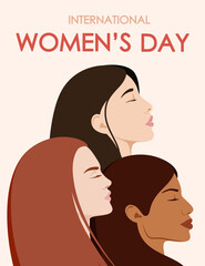 International Women's Day. Greeting card with beautiful women of different nationalities. 