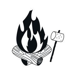 Bonfire with marshmallows. Sweets and outdoor recreation, hiking, travel and camping. Minimalistic graphic element for website. Active lifestyle, rest and leisure. Cartoon flat vector illustration
