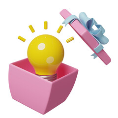 yellow light bulb in pink gift box isolated. business idea tip concept, minimal abstract, 3d illustration or 3d render