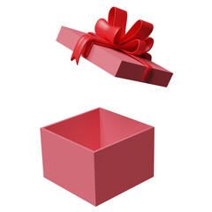 pink open gift box empty with red bow isolated. christmas and new year day concept, minimal abstract, 3d illustration or 3d render