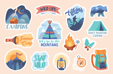 Naklejka premium Camping lettering stickers set. Collection of graphic elements for website. Hiking, travel and tourism, active lifestyle concept. Cartoon flat vector illustrations isolated on beige background