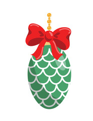 Green cone toy. Pendant for new year and Christmas with red bow. Traditions and culture, decoration for apartment. Holiday, festival and event. Comfort and coziness. Cartoon flat vector illustration