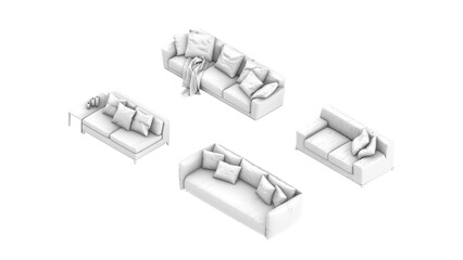 3D High Poly Sofa - SET1 Monochromatic - Isometric View 3