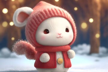 Obraz na płótnie Canvas Cute and Fluffy Bunny Bundled Up for Winter