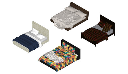 3D High Poly Bed - SET1 Color - Isometric View 4