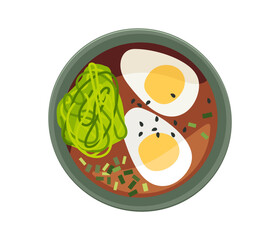 Japan food. Miso soup. Soap with egg, spring onions, wakame. Asian green bowl. Colorful Flat vector top view illustration on white background. Traditional Japanese cuisine dish. Bowl of soup