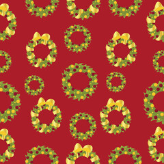 Christmas wreaths on red background. Pattern for design