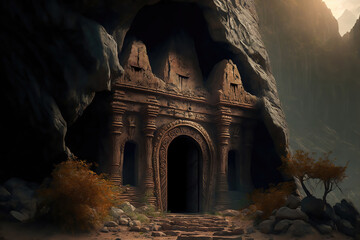 AI generated image of the entrance of an ancient Hindu temple inside a cave	
