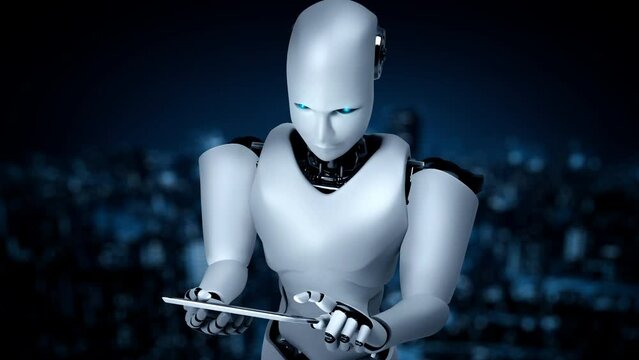 Futuristic robot artificial intelligence huminoid AI programming coding technology development and machine learning concept. Robotic bionic science research for future of human life. 3D rendering.
