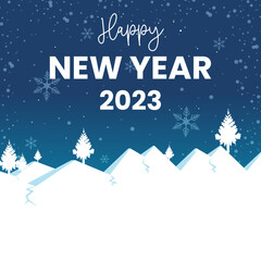 Fototapeta na wymiar Happy new year 2023 square template with snow mountain and snowflakes falling from the sky