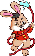 Rabbit wearing red clothes chinese traditional and playing water hose