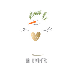 Hello winter greeting card. Snowman with a golden heart.