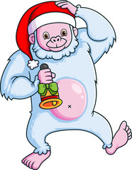 Friendly Yeti wearing Santa hat and ringing on a bell