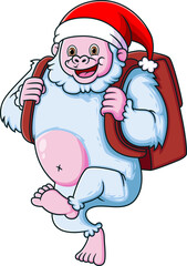 Funny Yeti smiling and holding a bag