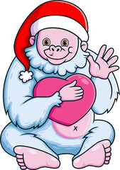 Cute Yeti smiling and holding a heart pillow