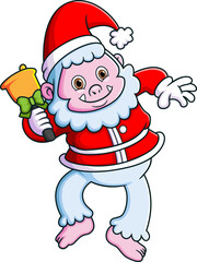 Yeti wearing Santa costume and ringing on a bell