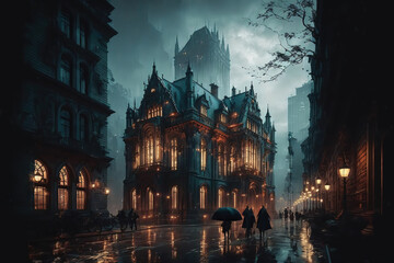 AI generated image of a fantastical medieval mysterious city of darkness and light	
