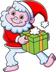 Cute yeti wearing santa costume and carrying a gift box