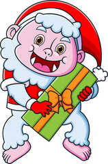 Cute yeti wearing santa costume and carrying a big gift box