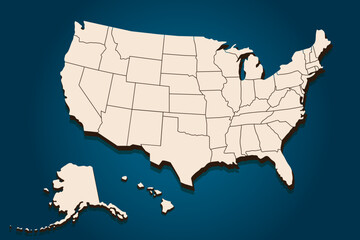 3D map of United state of america. Blank similar USA map isolated on blue background. United States of America country. Eps10 vector illustration.