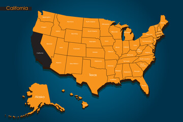 United States of America Map - 3D illustration of U.S map. California location on USA map. For website, design, cover, infographics. Eps10 vector illustration.