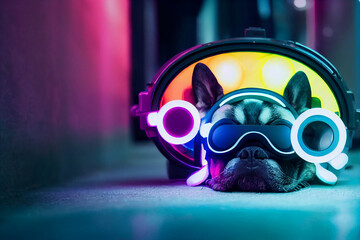 cyberpunk virtual reality dog , dressed in neon color clothes